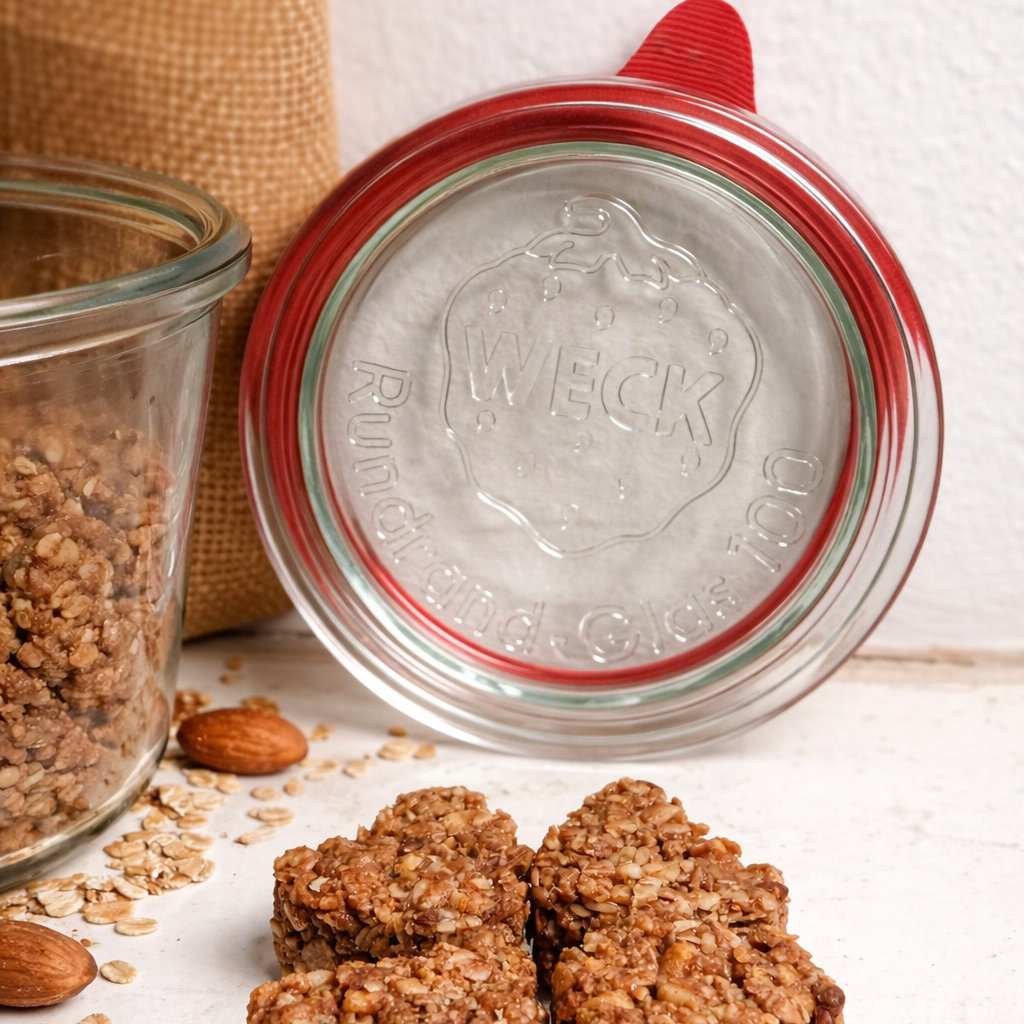 150gr of Mom's Granola Cookies inside of 370ml Weck Glass Jars with Clip Top Airtight