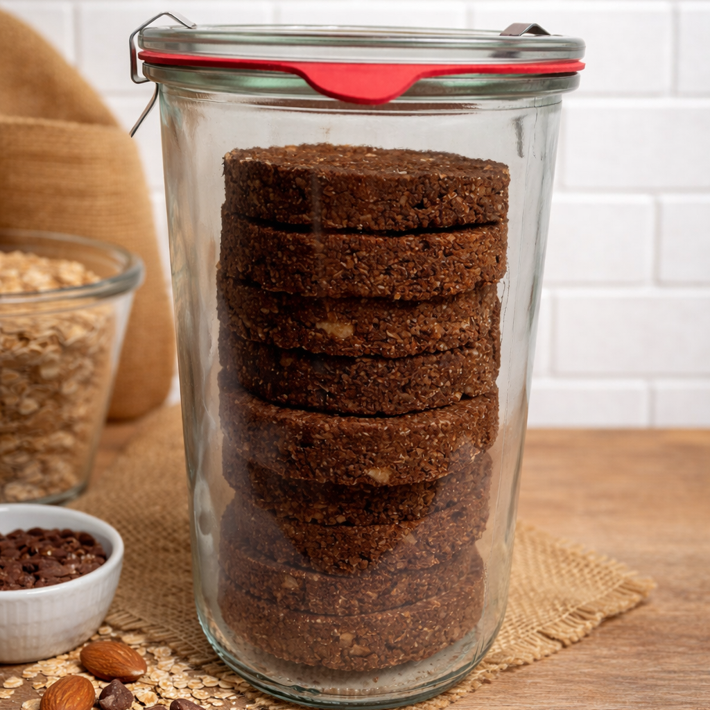 8 Piece of Mom's Granola Cookies inside of 850ml Weck Glass Jars with Clip Top Airtight