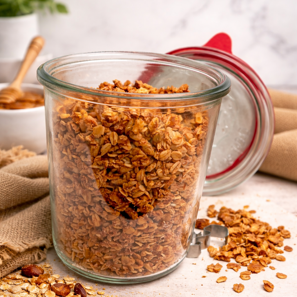 200gr of Mom's Granola Cookies inside of 580ml Weck Glass Jars with Clip Top Airtight