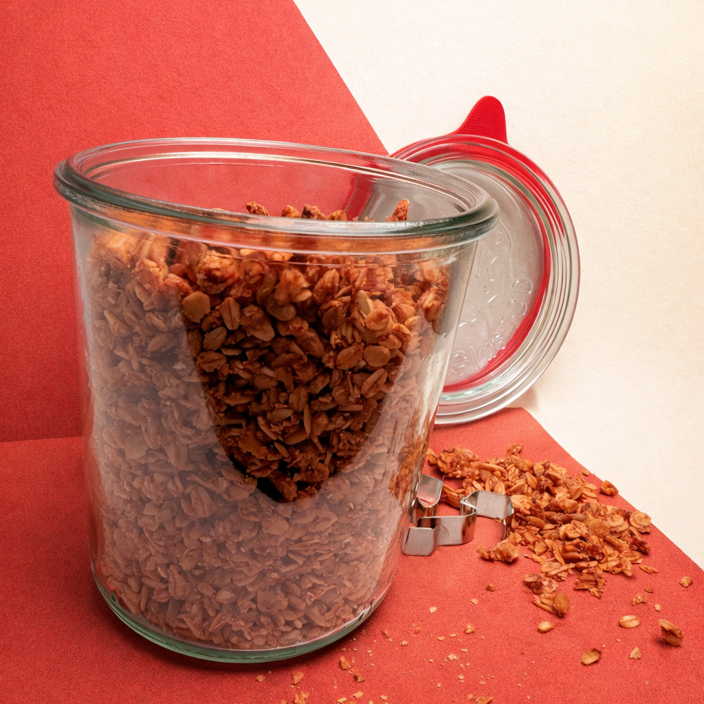 200gr of Mom's Granola Cookies inside of 580ml Weck Glass Jars with Clip Top Airtight