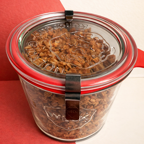 200gr of Mom's Granola Cookies inside of 580ml Weck Glass Jars with Clip Top Airtight