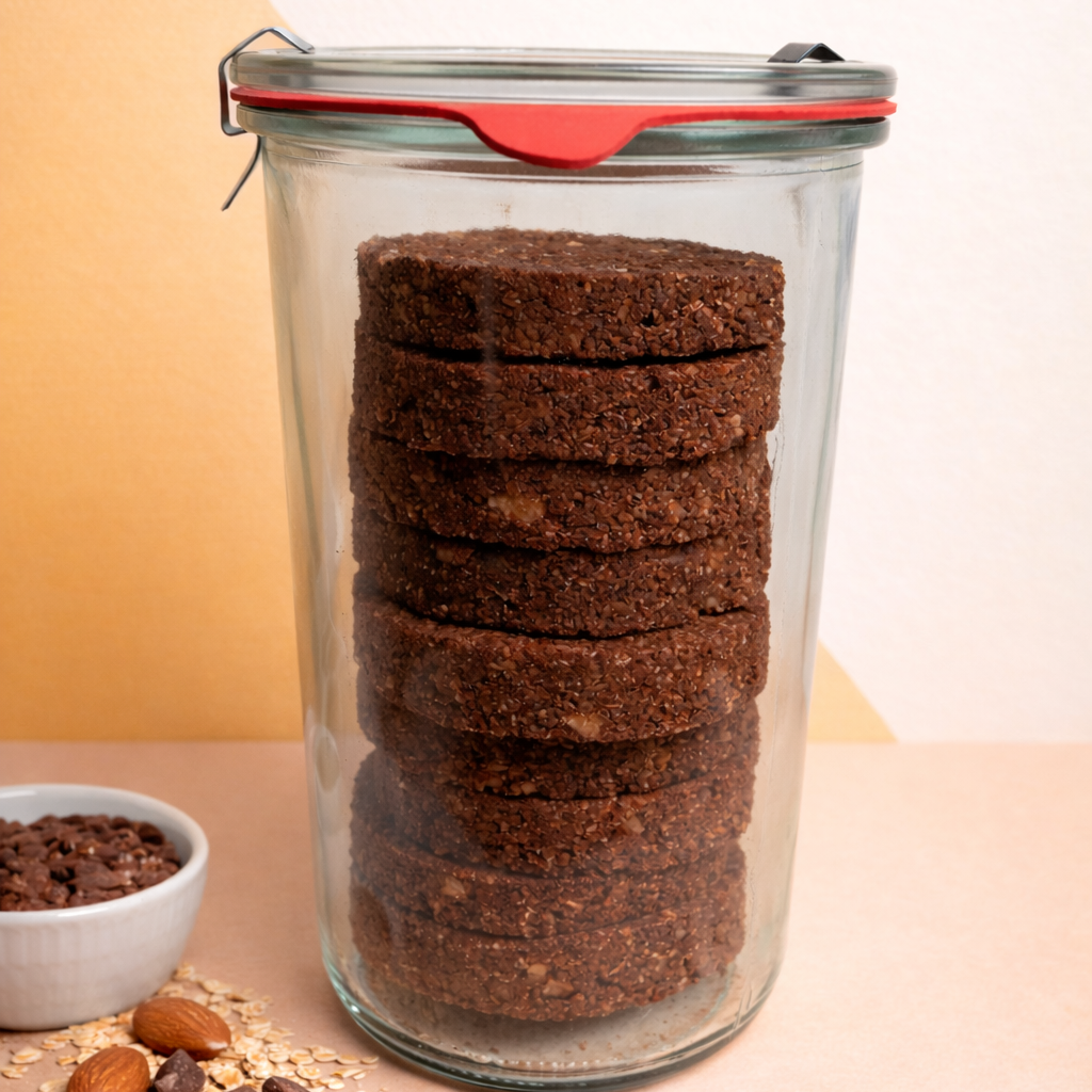 8 Piece of Mom's Granola Cookies inside of 850ml Weck Glass Jars with Clip Top Airtight