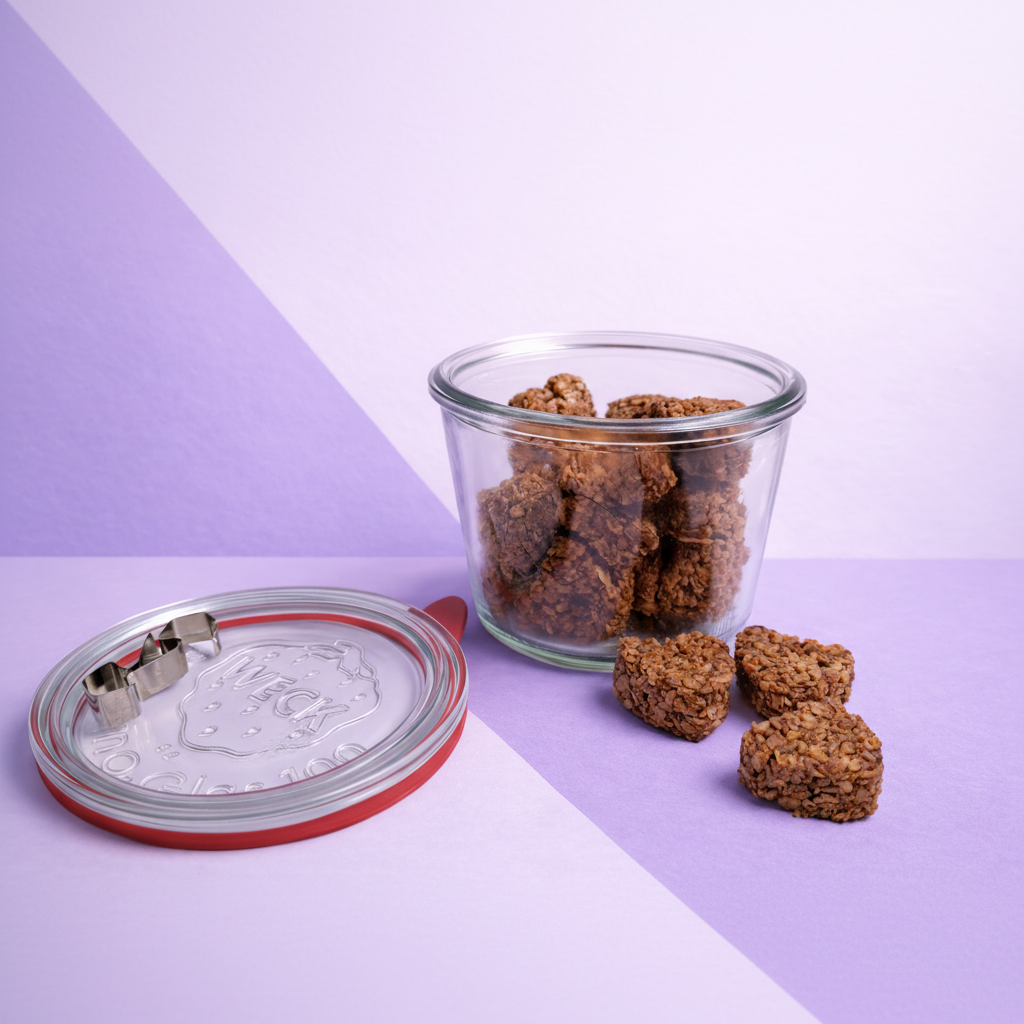 150gr of Mom's Granola Cookies inside of 370ml Weck Glass Jars with Clip Top Airtight