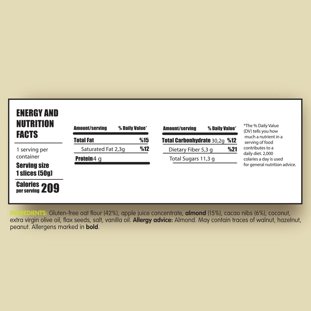 Whole Grain Gluten-free Vegan Healthy Snack Cookie 50 gram (Almond - Cacao Nibs)